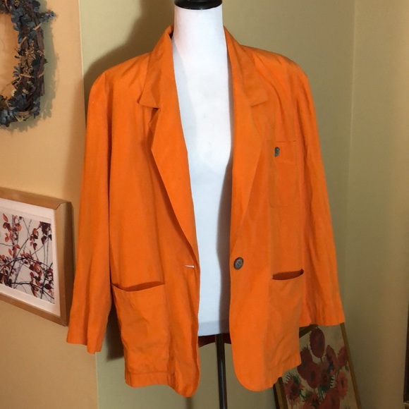 VINTAGE’80s Anne Klein II Size Medium 100% Silk Vivid Orange Longline Blazer - Picture 6 of 16